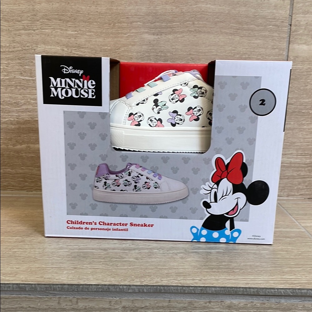 DISNEY NIB Girls Size 2 Minnie Mouse Character Sneakers White Pink Purple Bow - Picture 1 of 9